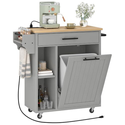 HOOBRO Kitchen Island with Trash Can Storage, Rolling Kitchen Island on Wheels, Mobile Island Cart with Power Outlet, Islands Table for 10 Gallon Garbage Bin, White and Grey GN80UZD01G1 - color: Natural + Grey