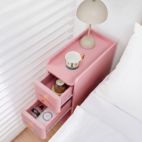 Pink Narrow Nightstand, Wooden Small 2 Drawer Nightstand, Slim Side End Table, Skinny Bedside Table, Mid Century Modern Night Stand with Drawers, for Living Room (Pink-1 pc) - color: Pink-1 Pc