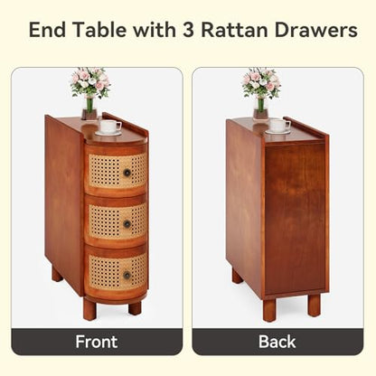 LITTLE TREE Solid Wood End Table, Rattan Narrow Side Table with 3 Drawers | Nightstand Bedside Tables for Living Room, Bedroom, Office, Bathroom, Brown - color: Brown