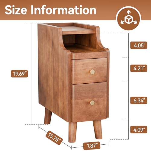 Nightstand with Drawers Set 2, Pre-Assembled, 19.7" H Natural Solid Wood Night Stand with Open Sliding Shelf, Mid Century Modern Small Bedside Table Cabinet for Bedroom, Walnut 8" - color: Walnut-2pack, size: 8"