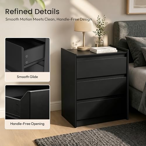 Black Nightstand with Charging Station, 24" H, 3-Drawer Storage | USB-C, USB-A and 2 AC outlets power daily devices; raised-edge top helps create a cleaner modern bedside setup at night. - color: Black, size: 1-Pack, style: 3 Drawers