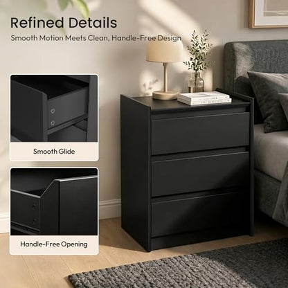 Black Nightstand with Charging Station, 24" H, 3-Drawer Storage | USB-C, USB-A and 2 AC outlets power daily devices; raised-edge top helps create a cleaner modern bedside setup at night. - color: Black, size: 1-Pack, style: 3 Drawers