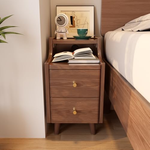 Narrow Nightstand with 2 Drawers,Walnut Nightstand,Bedside Table,Solid Wood Modern Bedside Table for Bedroom,Study,Toilet - color: Walnut, size: 15.75"D x 11.81"W x 22.32"H(2 Drawers)