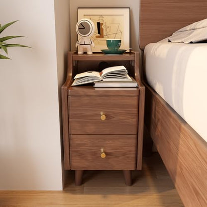 Narrow Nightstand with 2 Drawers,Walnut Nightstand,Bedside Table,Solid Wood Modern Bedside Table for Bedroom,Study,Toilet - color: Walnut, size: 15.75"D x 11.81"W x 22.32"H(2 Drawers)