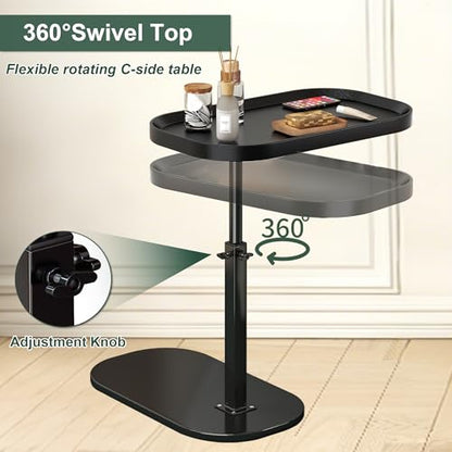 Adjustable Height C Shaped Side Table, Couch Tables That Slide Under, C Side Table Raised Edge, 360°Swivel C Shaped End Table, Small Coffee C Table, End Table for Sofa/Bed/Bathtub - color: Black