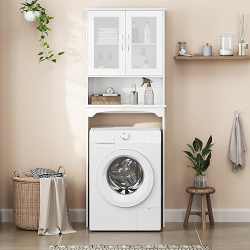Yaheetech Over The Toilet Storage Cabinet with Double Tempered Glass Doors and Adjustable Shelf, Freestanding Bathroom Storage Rack, 66 Inches Height - color: White
