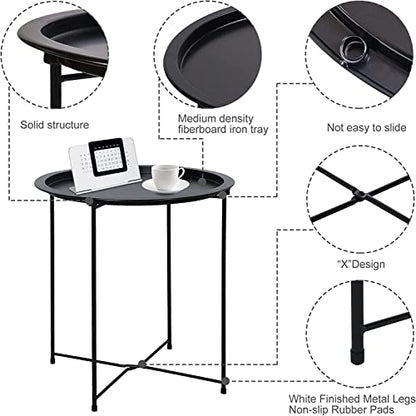 Garden 4 you End Table 2 PCS Metal Side Table Black Round Folding Tray Cyan Sofa Small Accent Fold-able Table, Round End Table Tray, Next to Sofa Table, Snack Table for Living Room and Bed Room - color: Black