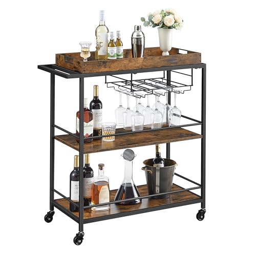 VASAGLE Kitchen Serving Cart with Removable Tray, 3-Tier Kitchen Utility Cart on Wheels with Storage, with Brakes, Leveling Feet, 15.7 x 34.6 x 37.8 Inches, Rustic Brown and Black ULRC093B01 - color: Rustic Brown + Black, size: 15.7"D x 34.6"W x 37.8"H