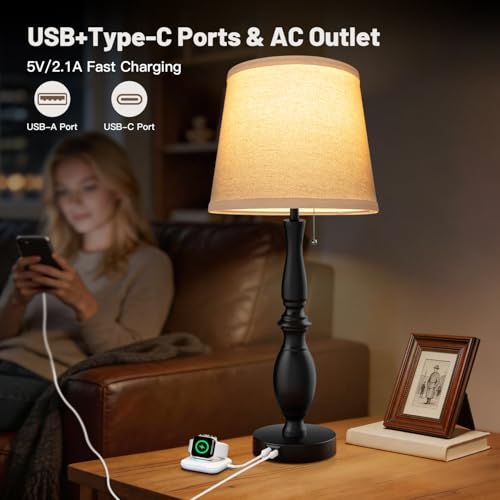 EppieBasic 22" Farmhouse Bedside Table Lamps Set of 2 with 3-Way Dimmable | with USB-C+A Charging Ports, Rustic Pull Chain Switch, Beige Linen Shade, for Bedroom, Living Room, Nightstand - style: XT-03
