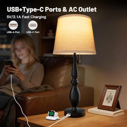 EppieBasic 22" Farmhouse Bedside Table Lamps Set of 2 with 3-Way Dimmable | with USB-C+A Charging Ports, Rustic Pull Chain Switch, Beige Linen Shade, for Bedroom, Living Room, Nightstand - style: XT-03