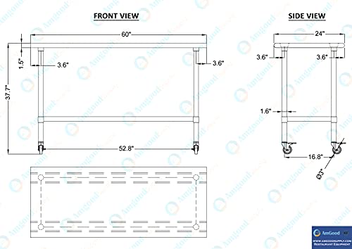 AmGood 60" Long x 24" Deep Stainless Steel Table with Casters - size: 60" Long x 24" Deep