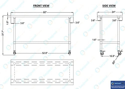 AmGood 60" Long x 24" Deep Stainless Steel Table with Casters - size: 60" Long x 24" Deep