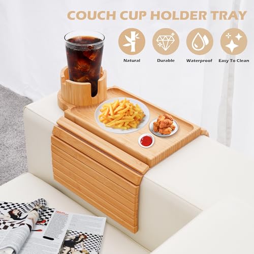 GHKINMAL Couch Cup Holder Tray, 3 in 1 Couch Arm Trays,Large Bamboo Chair Arm Rest Tray with 360° Cup Holder,Removable Anti-Slip Organizer for Snack Eating - color: Bamboo