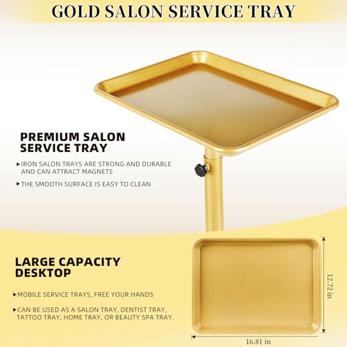 Salon Tray on Wheels, Gold Salon Rolling Tray with Adjustable Height | Tattoo Rolling Tray,Hair Stylist Tray, Suitable for Tattoo Tray and Dental Tray - color: Golden