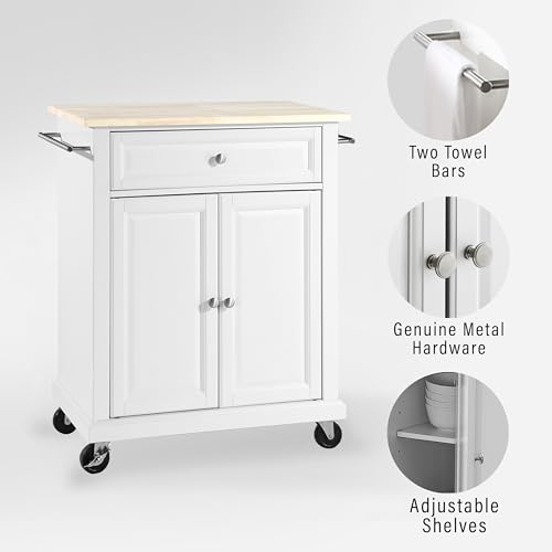 Crosley Furniture Compact Wood Top Small Rolling Cart with Shelves, Microwave Stand with Towel Rack, White - color: White, style: Natural Wood Top
