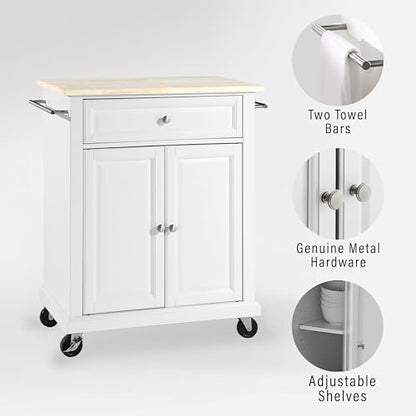 Crosley Furniture Compact Wood Top Small Rolling Cart with Shelves, Microwave Stand with Towel Rack, White - color: White, style: Natural Wood Top