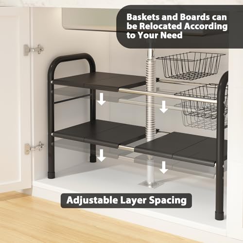 Expandable Under Sink Organizer, 2 Tier Under Sink Shelf | With 2 Removable Baskets and 6 Removable Panels, For Cabinet Sink Cloakroom Wardrobe Closet Storage, Black, 17.71”-32”Length