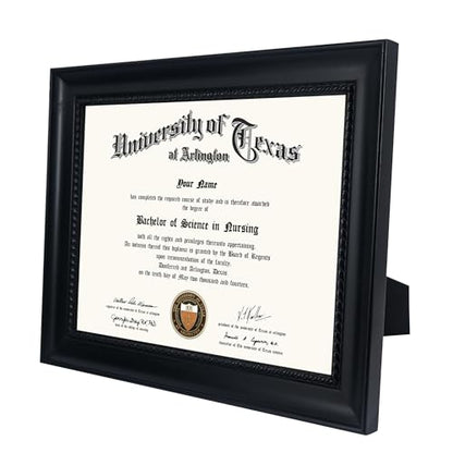 GMFrames Solid Wood Diploma Degree Frame for 8.5x11 Certificates,Black Finish with Intricate Black Rope Detail,UV Protection Acrylic - color: Black, size: 8.5x11