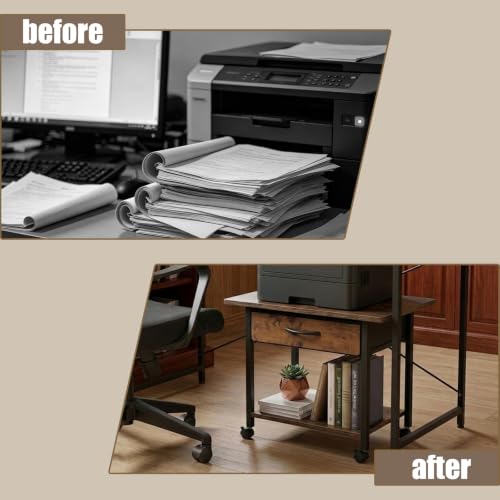 22" x 15" Under Desk Rolling Printer Stand, 2-Tier Industrial Mobile Printer Table with Strong Fabric Drawer,Storage Shelf, Steel Frame and Lockable Wheels, Printer Cart for Home Office (Rustic Brown) - color: Rustic Brown