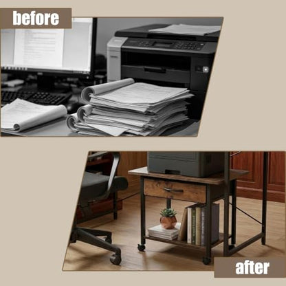 22" x 15" Under Desk Rolling Printer Stand, 2-Tier Industrial Mobile Printer Table with Strong Fabric Drawer,Storage Shelf, Steel Frame and Lockable Wheels, Printer Cart for Home Office (Rustic Brown) - color: Rustic Brown