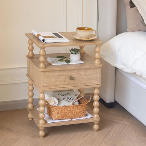 AWASEN Night Stand with Drawer, Bedside Table with Storage, 3-Tier Small Nightstand End Table for Bedroom with Solid Wood Spindle Legs, Rustic Walnut - color: Rustic Walnut