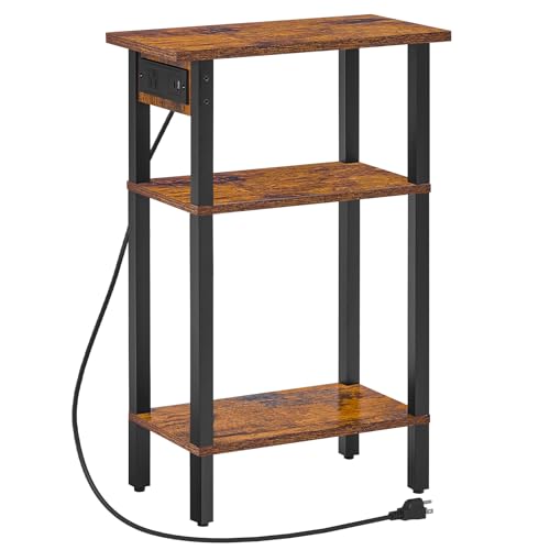 HOOBRO Narrow Side Table, 3-Tier Slim End Table with Charging Station, Skinny Nightstand with Open Storage, for Small Spaces, Living Room, Bedroom, Study, Rustic Brown and Black BF340UBZ01 - color: Rustic Brown + Black, size: 7.9"L x 15.7"W x 26"H
