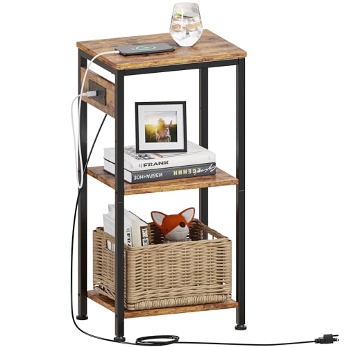 Side Table with Charging Station, Nightstand with USB Ports and Outlets, Tall Side Table with 3 Storage Shelves, Small Entry Table for Living Room, Bedroom, Sofa Couch, Hallway, Office, Rustic Brown - color: Rustic Brown, style: With Outlet