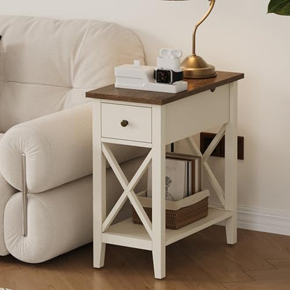 ChooChoo Farmhouse End Table with Drawer | Narrow Side Table with Flip Top, Accent Small Side Table Nightstand for Living Room, Bedroom, and Small Spaces, Soft White - color: Soft White, size: 1 Pack, style: Without Power