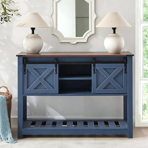 Blue Farmhouse Entryway Table, Rustic Hallway Table with Storage Shelf, Sofa Table with Sliding Barn Doors for Hallway, Entryway, Living Room, Foyer - color: Blue