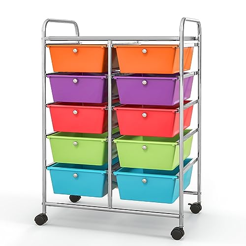 10-Drawer Rolling Cart with Drawers, Storage Cart with Universal Wheel & Metal Frame, Multipurpose Mobile Trolley Utility Cart for Makeup Kitchen Office Play Room (Multicolor) - color: Multicolor