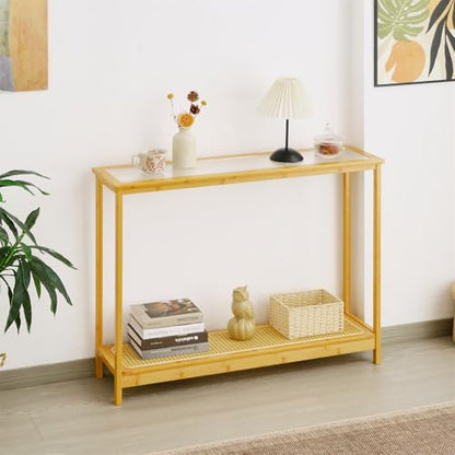 Bamboo Narrow Console Table, 39.4"(L) Wood Small Entryway Table with Rattan and Glass, Accent Slim Hallway Tables, Thin Sofa Side Tables for Hallway, Living Room, Foyer, Burlywood - color: Burlywood 39.4"(l)