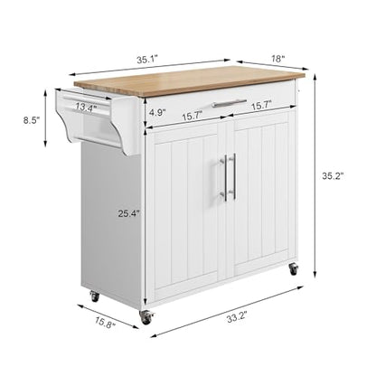 Kitchen Island with Storage, Wooden Countertop Rolling Kitchen Island On Wheels Storage Cabinet, Mobile Kitchen Island Cart with Towel Rack, Spice Rack and Drawers, White - color: White