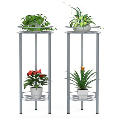 Sunexinlo Plant Stand Indoor 28in Tall,2 Pack Metal Planter Stand,2-Tier Decorative Round Flower Pot Table for Garden,Patio,Living Room,Corner,Office(Sliver)