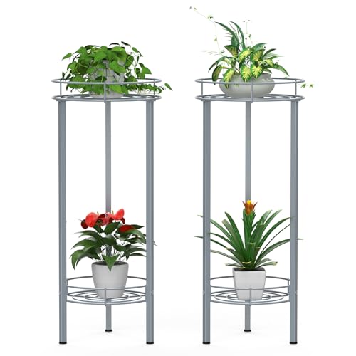 Sunexinlo Plant Stand Indoor 28in Tall,2 Pack Metal Planter Stand,2-Tier Decorative Round Flower Pot Table for Garden,Patio,Living Room,Corner,Office(Sliver)