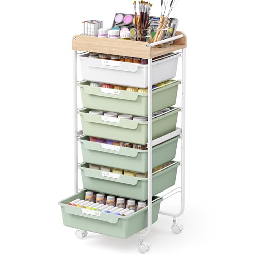 SYKIARIOL Rolling Cart with 6 Drawers,Art Craft Organizer and Storage,Green | Utility Storage Cart with Drawers,Makeup Organizer With Wooden Tabletop - color: Green, size: 6-Drawers