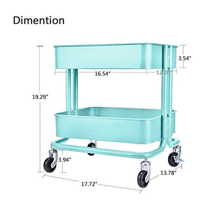 Melody House 2-Tier Metal Utility Rolling Cart, Storage Side End Table with Cover Board - color: A- Turquoise-1