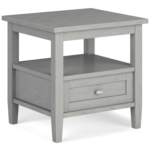 SIMPLIHOME Warm Shaker End Table - 20" Wide x 20" High Solid Wood Side Table in Fog Grey, Transitional Accent Table for Living Room or Bedroom with Drawer, Open Shelf and Square Tapered Legs - color: Fog Grey, size: 20 inch, style: End Table