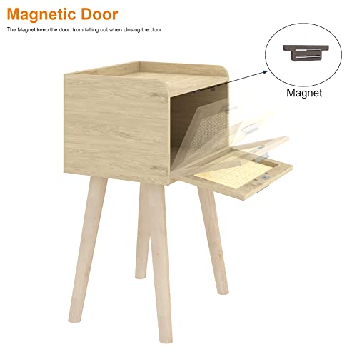 LAATOOREE Nightstand Set of 2, Small Bedside Table, End Table with Rattan Door, Boho Side Table with Solid Wood Legs for Bedroom Living Room Small Space - color: Natural, style: Boho Style