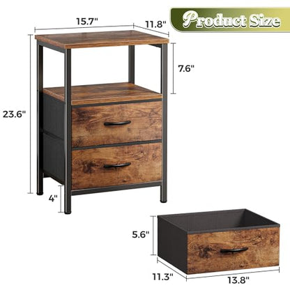 Huuger Night Stand with 2 Drawers, Bed Side Table with Open Shelf, Wooden Top, Nightstand for Bedroom, End Table for Small Space, Fabric Drawer, Rustic Brown - color: Rustic Brown