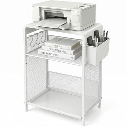 ECOLOVI 3 Tier Printer Stand for Under Desk, Height Adjustable Shelf Small Printer Table with 3 S-Hooks & Basket, Heavy Duty Industrial Storage Shelf for Home Office (White Metal) - color: White