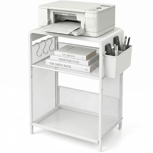 ECOLOVI 3 Tier Printer Stand for Under Desk, Height Adjustable Shelf Small Printer Table with 3 S-Hooks & Basket, Heavy Duty Industrial Storage Shelf for Home Office (White Metal) - color: White