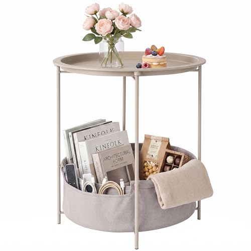 VECELO Round Side/End Table with Fabric Storage Basket，Metal Anti-Rust and Waterproof Small Bedside Nightstand with Removable Tray Top for Living Room，Balcony & Laundry，Grey /1pcs with Basket - color: Grey, size: 1 PCS with Basket