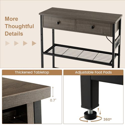 GOFLAME Console Table with Power Outlet, Narrow Entry Table with Drawers, 2 AC Outlets & 2 USB Ports, Sofa Table for Living Room Behind Couch, Living Room, Foyer, Grey Oak