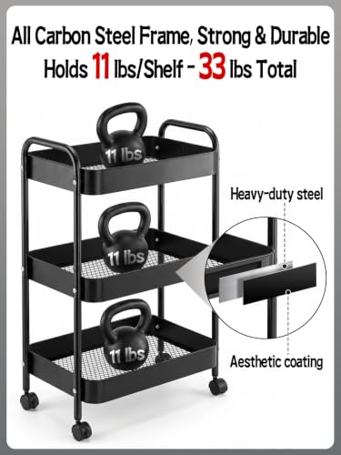 3-Tier Carbon Steel Rolling Cart for Dorm, Black | Utility Cart College Essentials with 360° Swivel Lockable Wheels, Book Cart Self Organizer for Girls Bedside Snack Storage