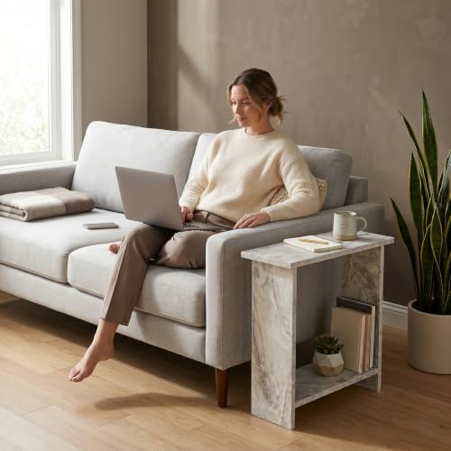 Narrow Side Table for Living Room, Slim End Table for Small Spaces Between Couch, Recliner or Armchair, 2 Tier Skinny Table with Open Shelf, Engineered Wood Sofa Beverage Thin Stand (White Marble) - color: White Marble