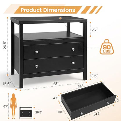 28 Inch Wide Night Stand, Black Nightstand with 2 Drawers and Open Shelf | Bedside Table Storage End Tables for Bedroom Study Office, Modern Solid Wood Dresser with Zinnc Alloy Pulls