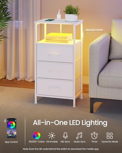 SONGMICS BELLAH Collection - Nightstand with Charging Station and App-Controlled Adjustable LED Lights, Bed Side Table, 3 Drawers and 1 Open Shelf, Modern, Cloud White and Snow White ULGS303WH01S - color: Cloud White + Snow White, size: 3 Drawers