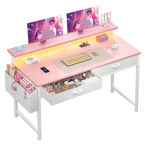 DurayLoly 47.3 Inch Office Computer Desk with LED Lights & 2 Fabric Drawers, Gaming Desk with Side Pocket & Ergonomic Monitor Stand, Small Space Study Writing Table with Anti-Tip Design,Pink - color: Pink, size: 47.3 Inch