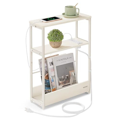 VASAGLE Side Table with Charging Station, Narrow End Table, 3-Tier Nightstand, Sofa Table for Small Spaces, Magazine Rack, for Living Room, Bedroom, Study, Cream White ULET335W01 - color: Cream White