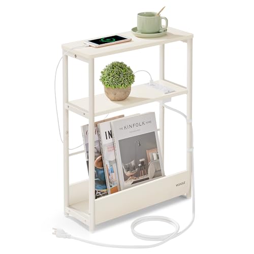VASAGLE Side Table with Charging Station, Narrow End Table, 3-Tier Nightstand, Sofa Table for Small Spaces, Magazine Rack, for Living Room, Bedroom, Study, Cream White ULET335W01 - color: Cream White